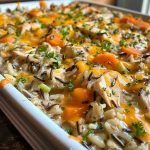 ['Close-up side view of Harvest Chicken Wild Rice Casserole with melted cheese on top.', 'Juicy Harvest Chicken Wild Rice Casserole featuring vibrant vegetables and creamy texture.', 'Deliciously layered Harvest Chicken Wild Rice Casserole showcasing wild rice and chicken.', 'Appetizing Harvest Chicken Wild Rice Casserole with golden-brown cheese crust and veggies.']