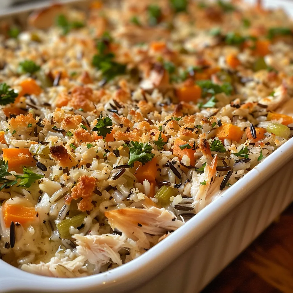 ['Close-up side view of Harvest Chicken Wild Rice Casserole with melted cheese on top.', 'Juicy Harvest Chicken Wild Rice Casserole featuring vibrant vegetables and creamy texture.', 'Deliciously layered Harvest Chicken Wild Rice Casserole showcasing wild rice and chicken.', 'Appetizing Harvest Chicken Wild Rice Casserole with golden-brown cheese crust and veggies.']
