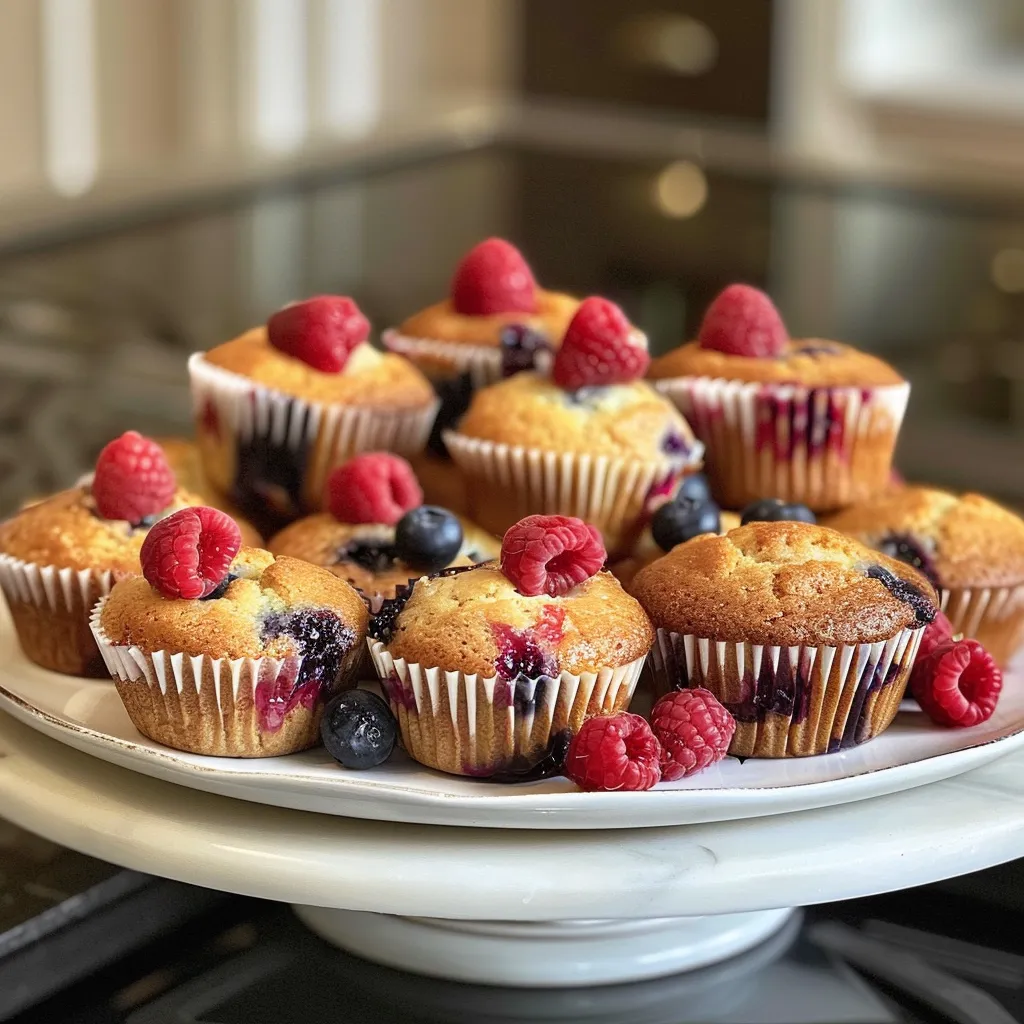 ['Close-up view of a muffin bursting with mixed berries.', 'Juicy mixed berry muffins with strawberries, raspberries, and blueberries.', 'Side view of delicious mixed berry muffins on a plate.', 'Freshly baked mixed berry muffins showcasing vibrant fruits.']