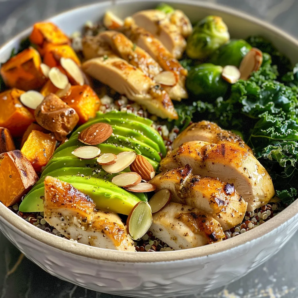 ['A colorful Chicken Protein Bowl featuring quinoa, brussels sprouts, sweet potato, and sliced almonds.', 'Close view of a Chicken Protein Bowl with juicy chicken, kale, and avocado on a wooden table.', 'A vibrant Chicken Protein Bowl showcasing a mix of cooked quinoa, chicken, and fresh vegetables.', 'Side view of a Chicken Protein Bowl filled with brussels sprouts, sweet potato, and topped with almonds.']