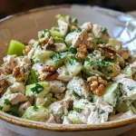 ['Close-up view of a colorful High Protein Waldorf Chicken Salad in a bowl.', 'Juicy and vibrant Waldorf Chicken Salad with chicken, apples, and walnuts.', 'Side view of a bowl filled with High Protein Waldorf Chicken Salad, showcasing ingredients.', 'Detailed shot of a nutritious Waldorf Chicken Salad, highlighting its fresh, crunchy components.']