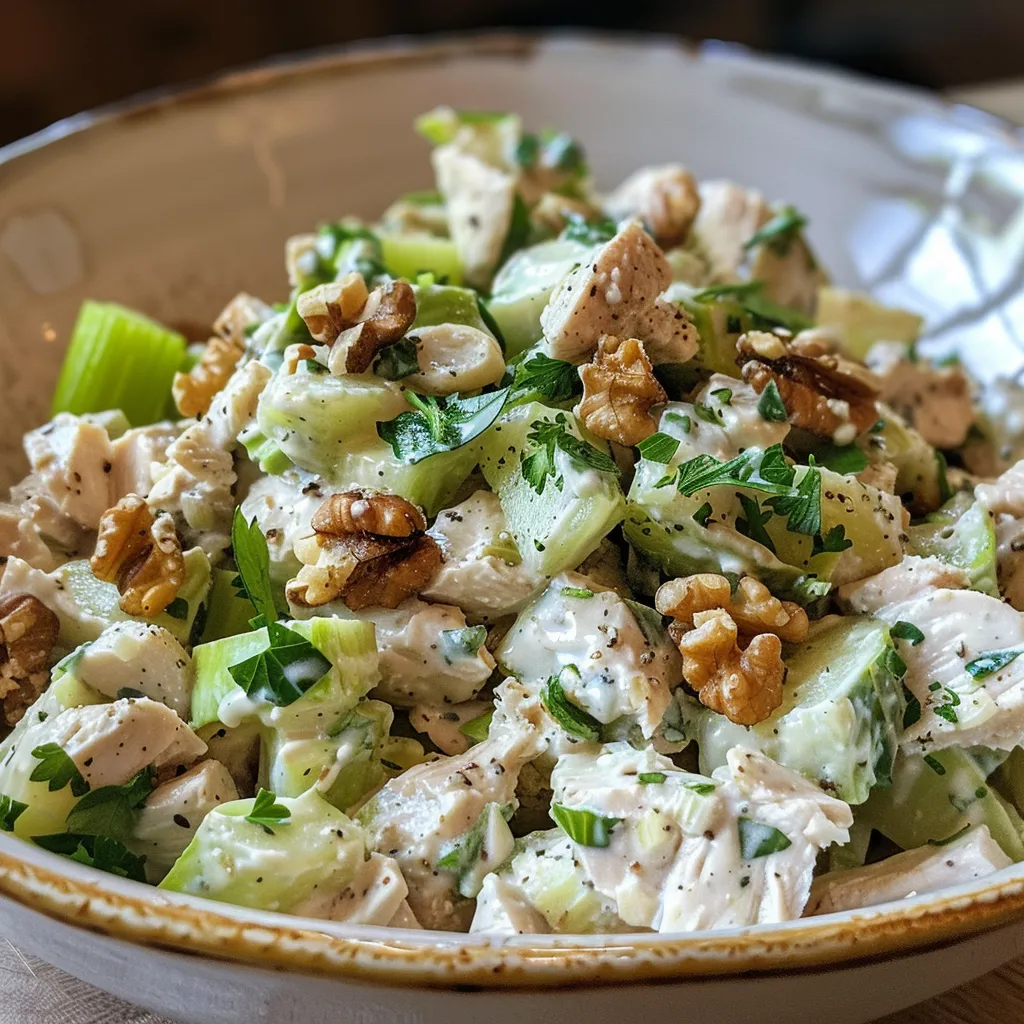 ['Close-up view of a colorful High Protein Waldorf Chicken Salad in a bowl.', 'Juicy and vibrant Waldorf Chicken Salad with chicken, apples, and walnuts.', 'Side view of a bowl filled with High Protein Waldorf Chicken Salad, showcasing ingredients.', 'Detailed shot of a nutritious Waldorf Chicken Salad, highlighting its fresh, crunchy components.']