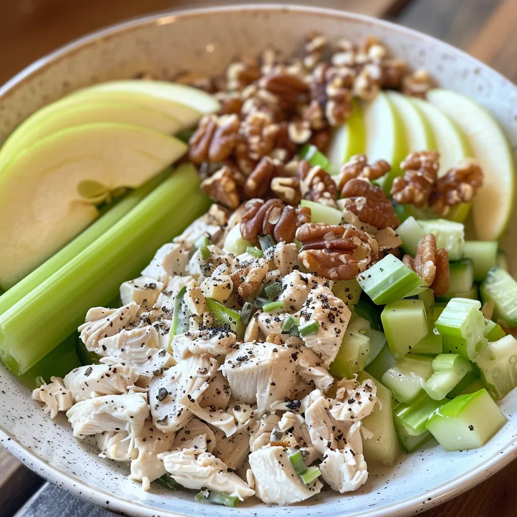 ['Close-up view of a colorful High Protein Waldorf Chicken Salad in a bowl.', 'Juicy and vibrant Waldorf Chicken Salad with chicken, apples, and walnuts.', 'Side view of a bowl filled with High Protein Waldorf Chicken Salad, showcasing ingredients.', 'Detailed shot of a nutritious Waldorf Chicken Salad, highlighting its fresh, crunchy components.']