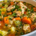 ['A close-up view of a bowl of High-Protein Chicken and Vegetable Soup showcasing colorful vegetables and chunks of chicken.', 'A vibrant chicken and vegetable soup in a white bowl, featuring green beans, carrots, and parsley on top.', 'A hearty serving of High-Protein Chicken and Vegetable Soup with visible pieces of chicken, carrots, and celery.', 'A side view of a steaming bowl of nutritious chicken soup filled with vegetables and garnished with parsley.']