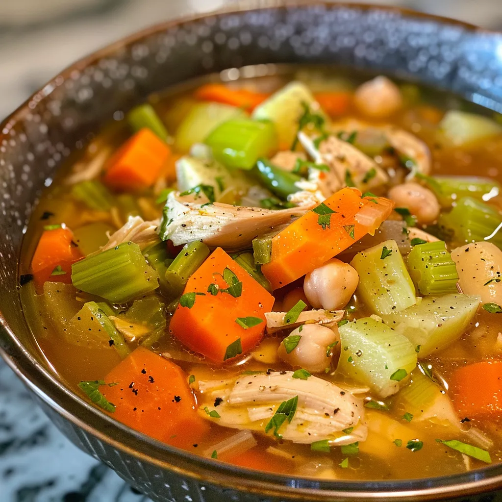 ['A close-up view of a bowl of High-Protein Chicken and Vegetable Soup showcasing colorful vegetables and chunks of chicken.', 'A vibrant chicken and vegetable soup in a white bowl, featuring green beans, carrots, and parsley on top.', 'A hearty serving of High-Protein Chicken and Vegetable Soup with visible pieces of chicken, carrots, and celery.', 'A side view of a steaming bowl of nutritious chicken soup filled with vegetables and garnished with parsley.']