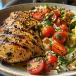 ['Juicy Greek chicken thighs served with lemon rice and colorful grape tomatoes.', 'Close-up of Greek chicken with lemon rice, spinach, and bits of feta cheese.', 'Side view of a bowl filled with Greek chicken, lemon rice, and fresh herbs.', 'Plated Greek chicken and lemon rice with tomatoes and spinach, garnished with fresh oregano.']