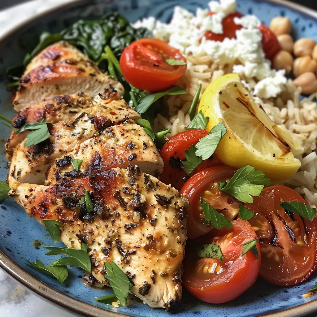 ['Juicy Greek chicken thighs served with lemon rice and colorful grape tomatoes.', 'Close-up of Greek chicken with lemon rice, spinach, and bits of feta cheese.', 'Side view of a bowl filled with Greek chicken, lemon rice, and fresh herbs.', 'Plated Greek chicken and lemon rice with tomatoes and spinach, garnished with fresh oregano.']