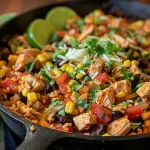 ['Close-up view of a One Pot Chicken Taco Skillet with colorful ingredients.', 'Juicy chicken taco skillet in a pan, showcasing rice, beans, and cheese.', "Side view of a savory One Pot Chicken Taco Skillet filled with tacos' ingredients.", 'Delicious One Pot Chicken Taco Skillet garnished with lime wedges and cilantro.']