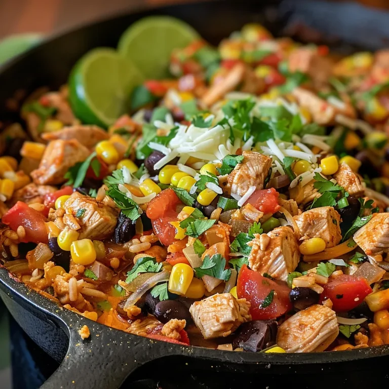 ['Close-up view of a One Pot Chicken Taco Skillet with colorful ingredients.', 'Juicy chicken taco skillet in a pan, showcasing rice, beans, and cheese.', "Side view of a savory One Pot Chicken Taco Skillet filled with tacos' ingredients.", 'Delicious One Pot Chicken Taco Skillet garnished with lime wedges and cilantro.']