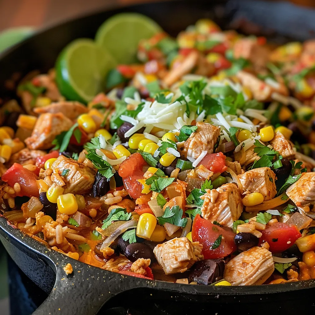 ['Close-up view of a One Pot Chicken Taco Skillet with colorful ingredients.', 'Juicy chicken taco skillet in a pan, showcasing rice, beans, and cheese.', "Side view of a savory One Pot Chicken Taco Skillet filled with tacos' ingredients.", 'Delicious One Pot Chicken Taco Skillet garnished with lime wedges and cilantro.']
