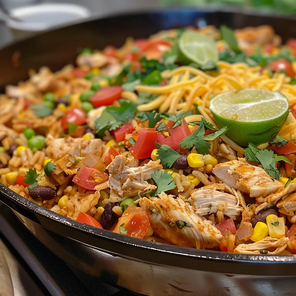 ['Close-up view of a One Pot Chicken Taco Skillet with colorful ingredients.', 'Juicy chicken taco skillet in a pan, showcasing rice, beans, and cheese.',