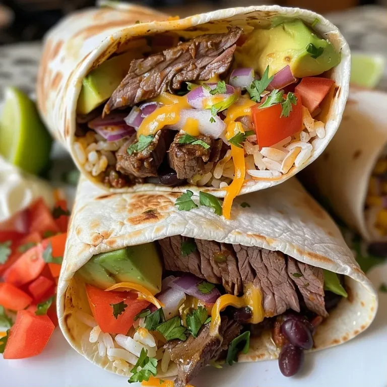 ['Juicy homemade steak burritos filled with vibrant ingredients.', 'Close-up view of a steak burrito with fresh ingredients and garnishes.', 'Delicious steak burritos showcasing layers of meat, rice, and toppings.', 'Side view of a flavorful burrito packed with steak and colorful veggies.']