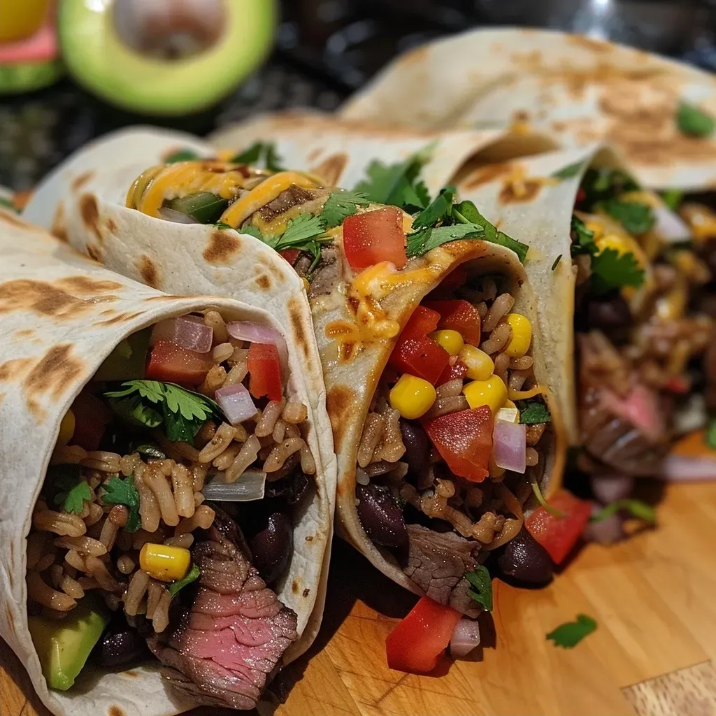 ['Juicy homemade steak burritos filled with vibrant ingredients.', 'Close-up view of a steak burrito with fresh ingredients and garnishes.', 'Delicious steak burritos showcasing layers of meat, rice, and toppings.', 'Side view of a flavorful burrito packed with steak and colorful veggies.']