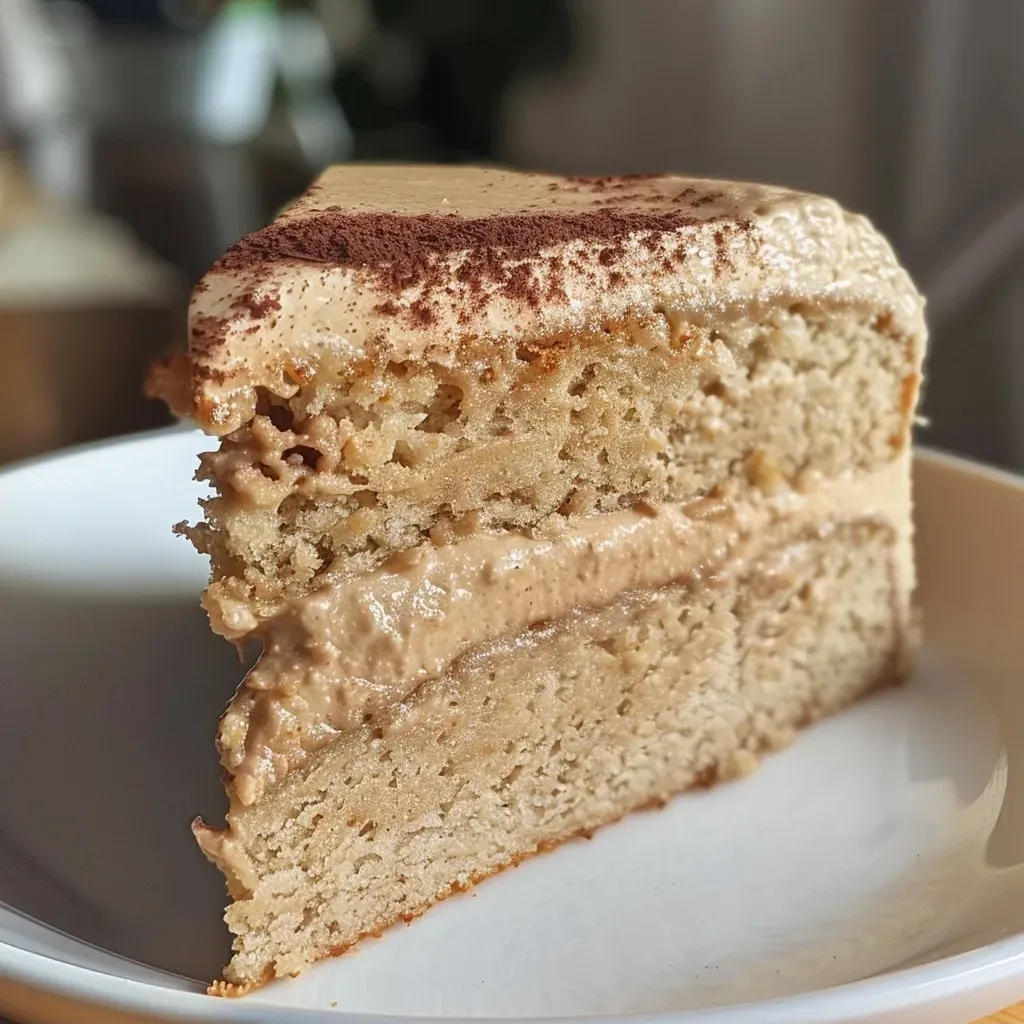 ['Close-up side view of a moist vanilla protein cake topped with oat streusel.', 'Side view of a decadent vanilla protein cake with a golden oat streusel on top.', 'Juicy vanilla protein cake displayed in a close-up, showcasing the oat topping.', 'Detailed side view of a vanilla protein cake with a crunchy oat streusel layer.']