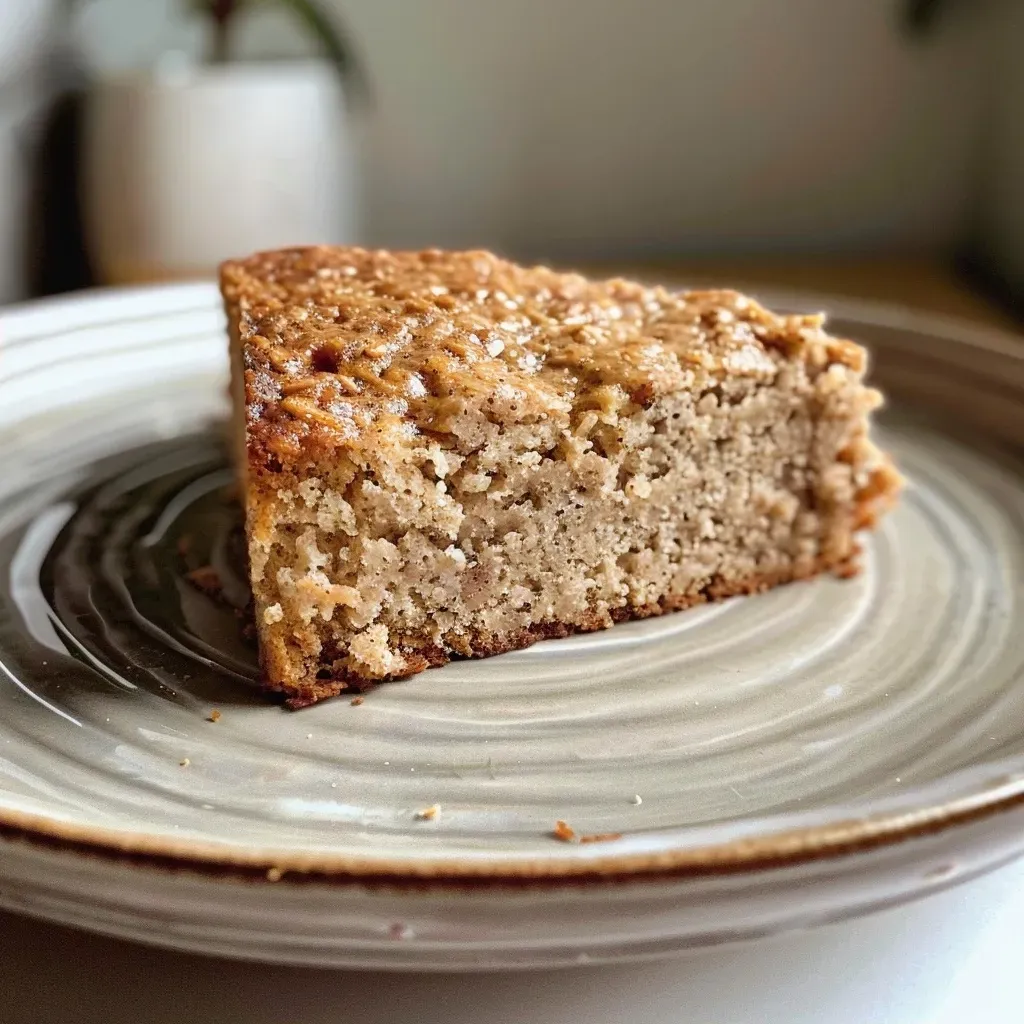 ['A close-up side view of a slice of moist vegan oat cake on a plate, showing its fluffy texture.', 'A beautifully presented piece of vegan oat cake, highlighting the oat flour and almond flour layers.', 'A delicious slice of vegan oat cake with visible cinnamon and a drizzle of syrup, captured in soft natural light.', 'A tantalizing side view of a moist vegan oat cake slice, showcasing its rich ingredients and healthy toppings.']