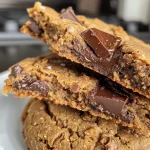 ['Close-up side view of freshly baked vegan protein chocolate chip cookies stacked on a white plate.', 'A tantalizing image of vegan protein chocolate chip cookies, showcasing their gooey chocolate chunks.', 'Side view of delicious vegan chocolate chip cookies, highlighting their golden-brown edges and soft texture.', 'Juicy vegan protein chocolate chip cookies arranged elegantly, featuring melted chocolate and a soft appearance.']