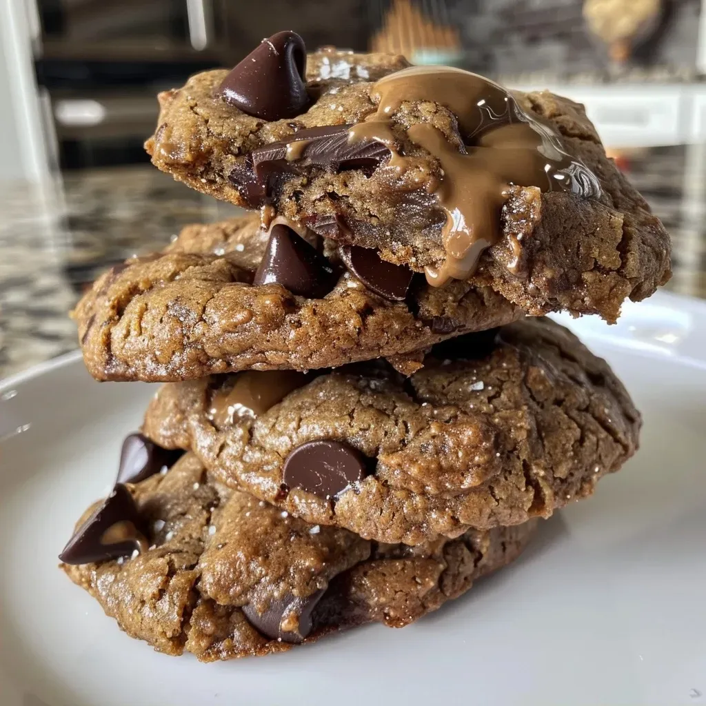 ['Close-up side view of freshly baked vegan protein chocolate chip cookies stacked on a white plate.', 'A tantalizing image of vegan protein chocolate chip cookies, showcasing their gooey chocolate chunks.', 'Side view of delicious vegan chocolate chip cookies, highlighting their golden-brown edges and soft texture.', 'Juicy vegan protein chocolate chip cookies arranged elegantly, featuring melted chocolate and a soft appearance.']