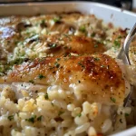 ['Close-up view of a creamy chicken and rice bake dish topped with herbs.', 'Juicy Velvety Chicken and Rice Bake served in a baking dish, showcasing golden-brown top.', 'Side view of a comforting Velvety Chicken and Rice Bake, with visible chicken and rice layers.', 'Detailed shot of Velvety Chicken and Rice Bake, highlighting the creamy texture and ingredients.']