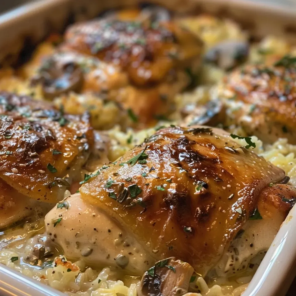 ['Close-up view of a creamy chicken and rice bake dish topped with herbs.', 'Juicy Velvety Chicken and Rice Bake served in a baking dish, showcasing golden-brown top.', 'Side view of a comforting Velvety Chicken and Rice Bake, with visible chicken and rice layers.', 'Detailed shot of Velvety Chicken and Rice Bake, highlighting the creamy texture and ingredients.']