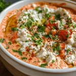 ['A close-up side view of creamy whipped feta dip garnished with red pepper pieces and fresh parsley.', 'A luscious bowl of whipped feta and roasted red pepper dip with a smooth texture and vibrant colors.', 'A detailed view of whipped feta dip, featuring a red pepper garnish and a drizzle of olive oil on top.', 'An appetizing image of a dip made from whipped feta, roasted red peppers, and garlic, served in a rustic bowl.']