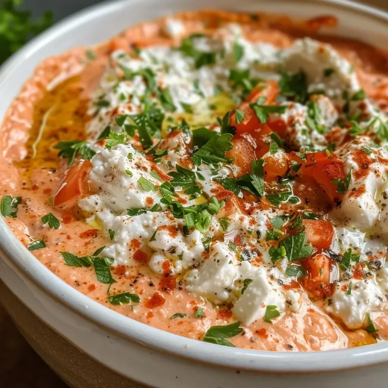 ['A close-up side view of creamy whipped feta dip garnished with red pepper pieces and fresh parsley.', 'A luscious bowl of whipped feta and roasted red pepper dip with a smooth texture and vibrant colors.', 'A detailed view of whipped feta dip, featuring a red pepper garnish and a drizzle of olive oil on top.', 'An appetizing image of a dip made from whipped feta, roasted red peppers, and garlic, served in a rustic bowl.']