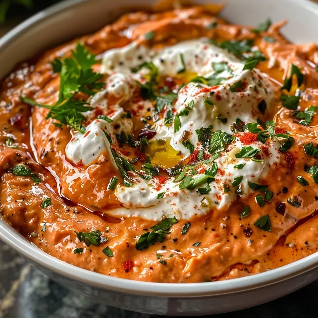 ['A close-up side view of creamy whipped feta dip garnished with red pepper pieces and fresh parsley.', 'A luscious bowl of whipped feta and roasted red pepper dip with a smooth texture and vibrant colors.', 'A detailed view of whipped feta dip, featuring a red pepper garnish and a drizzle of olive oil on top.', 'An appetizing image of a dip made from whipped feta, roasted red peppers, and garlic, served in a rustic bowl.']