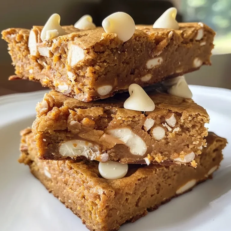 ['Close-up side view of a delicious White Chocolate Pumpkin Protein Blondie with a golden-brown crust.', 'A moist and inviting White Chocolate Pumpkin Protein Blondie, showcasing white chocolate chips and a textured surface.', 'A vibrant pumpkin protein blondie highlighted by chunks of white chocolate, arranged on a white plate.', 'A side view of a gluten-free White Chocolate Pumpkin Protein Blondie with visible spices and creamy texture.']