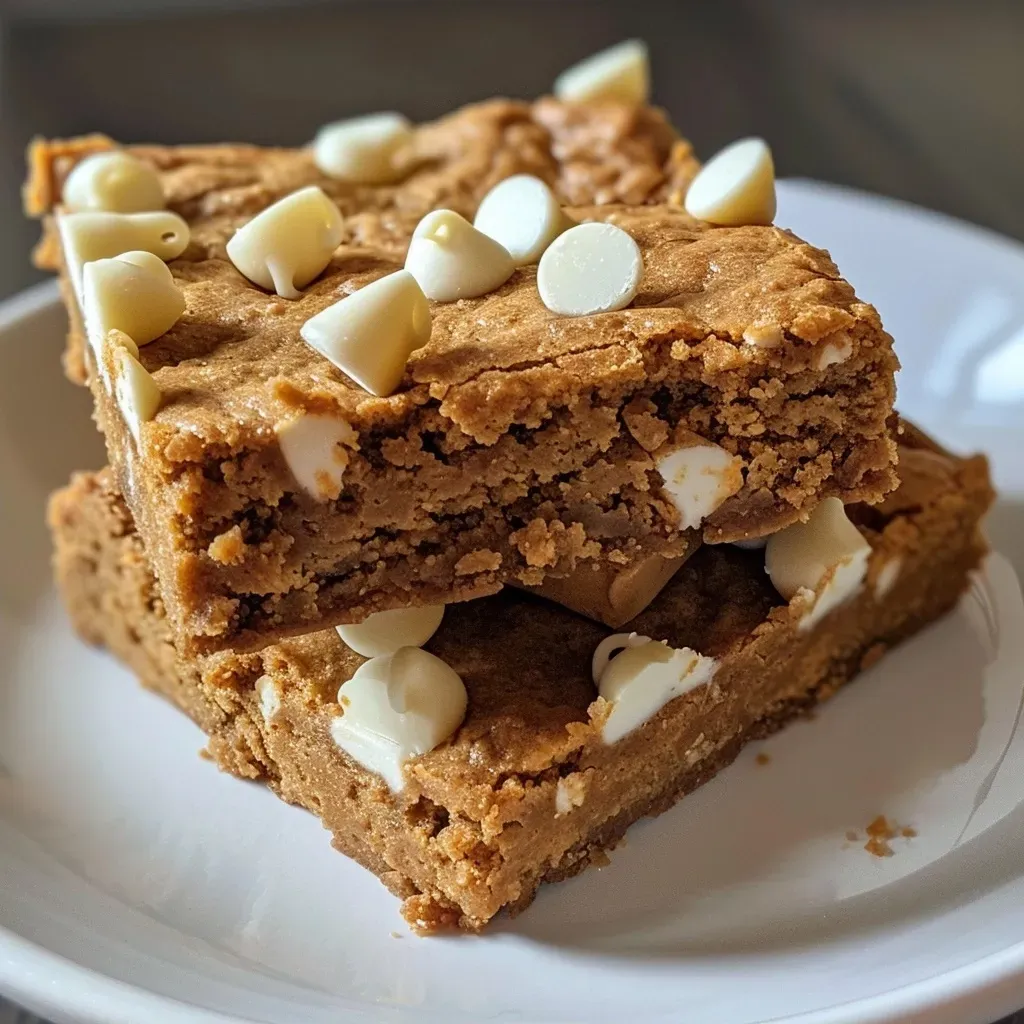 ['Close-up side view of a delicious White Chocolate Pumpkin Protein Blondie with a golden-brown crust.', 'A moist and inviting White Chocolate Pumpkin Protein Blondie, showcasing white chocolate chips and a textured surface.', 'A vibrant pumpkin protein blondie highlighted by chunks of white chocolate, arranged on a white plate.', 'A side view of a gluten-free White Chocolate Pumpkin Protein Blondie with visible spices and creamy texture.']