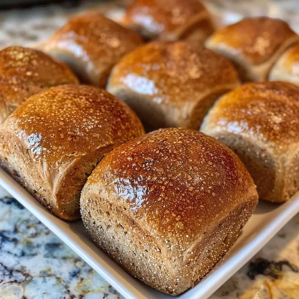 ['Close-up side view of golden brown whole wheat dinner rolls.', 'Soft and fluffy whole wheat dinner rolls captured in profile.', 'Side view of freshly baked whole wheat dinner rolls with a shiny crust.', 'Deliciously golden whole wheat dinner rolls displayed from the side.']