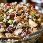 ['Close-up view of a vibrant Wild Rice Chicken Salad with colorful ingredients.', 'Detailed image of Wild Rice Chicken Salad showcasing fresh greens, chicken, and grapes.', 'Side view of a hearty Wild Rice Chicken Salad filled with chunks of chicken and almonds.', 'Juicy Wild Rice Chicken Salad displayed in a bowl, highlighting its rich textures and colors.']