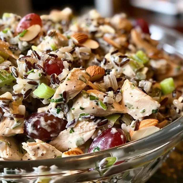 ['Close-up view of a vibrant Wild Rice Chicken Salad with colorful ingredients.', 'Detailed image of Wild Rice Chicken Salad showcasing fresh greens, chicken, and grapes.', 'Side view of a hearty Wild Rice Chicken Salad filled with chunks of chicken and almonds.', 'Juicy Wild Rice Chicken Salad displayed in a bowl, highlighting its rich textures and colors.']