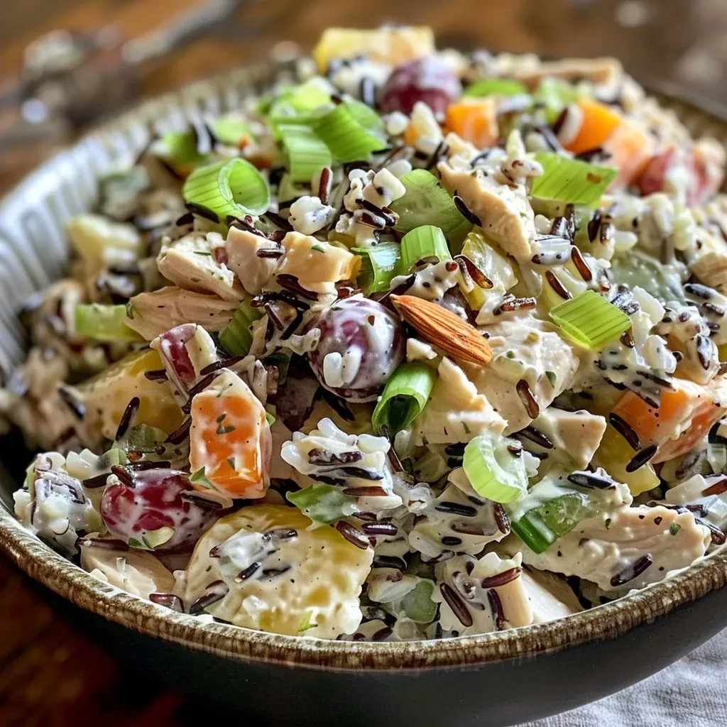 ['Close-up view of a vibrant Wild Rice Chicken Salad with colorful ingredients.', 'Detailed image of Wild Rice Chicken Salad showcasing fresh greens, chicken, and grapes.', 'Side view of a hearty Wild Rice Chicken Salad filled with chunks of chicken and almonds.', 'Juicy Wild Rice Chicken Salad displayed in a bowl, highlighting its rich textures and colors.']