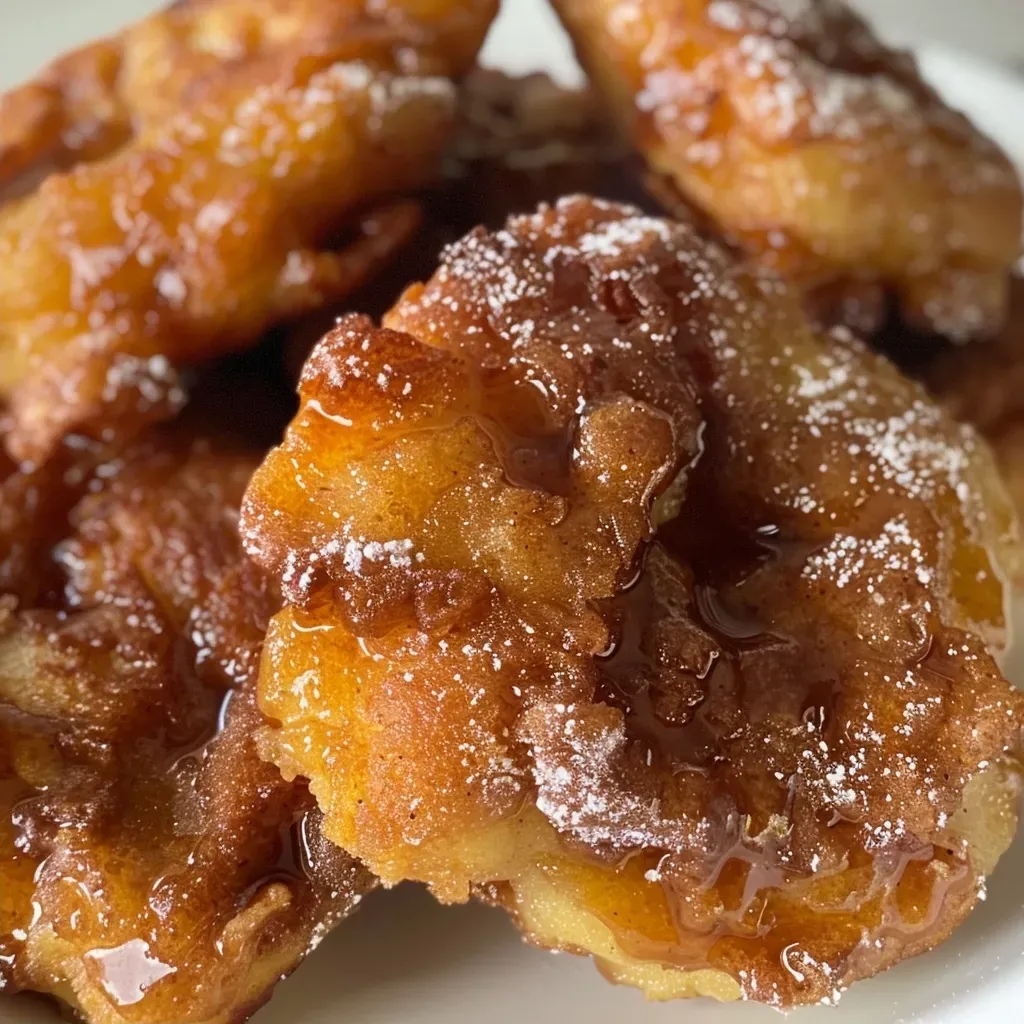 ['Close-up of golden-brown Air Fryer Apple Fritters with visible apple chunks.', 'Juicy Air Fryer Apple Fritters displayed on a plate, showcasing their crispy texture.', 'Side view of freshly made Air Fryer Apple Fritters with a dusting of powdered sugar.', 'Appetizing photo of Air Fryer Apple Fritters, highlighting their fluffy interior and glazed top.']