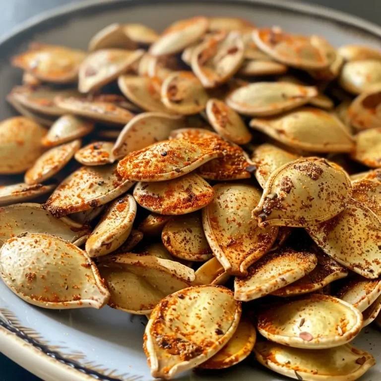 ['Close-up of crispy Air Fryer pumpkin seeds with vibrant seasonings.', 'Side view of golden-brown pumpkin seeds, showcasing seasoning and texture.', 'Juicy Air Fryer pumpkin seeds displayed on a plate, glistening with spices.', 'Detailed shot of seasoned pumpkin seeds, highlighting their crunchiness.']