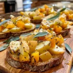 ['A close-up view of a delicious Apple and Butternut Squash Crostini topped with fresh ingredients.', 'Side view of a beautifully plated crostini featuring apple and butternut squash.', 'A vibrant close-up of crostini, showcasing diced apples and butternut squash on toasted bread.', 'An appetizing close-up of Apple and Butternut Squash Crostini with herbs and spices.']