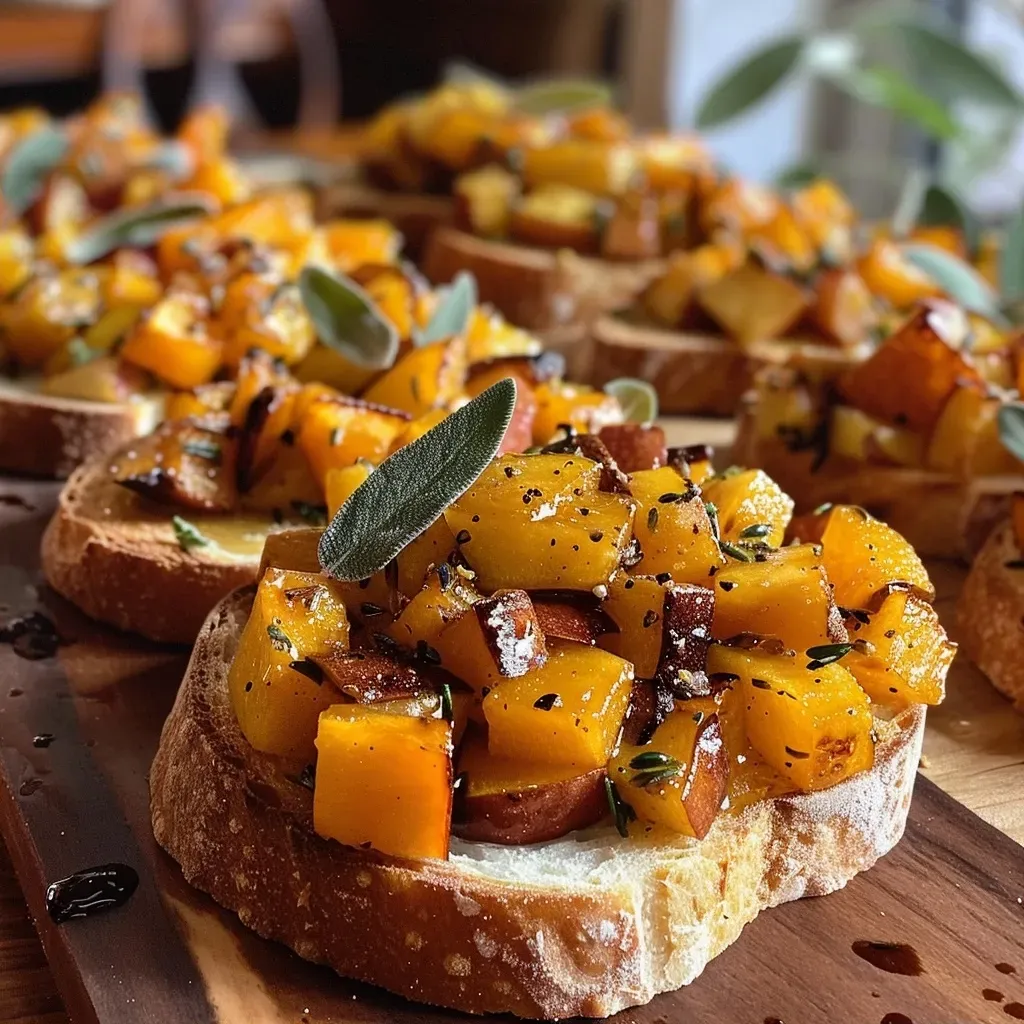 ['A close-up view of a delicious Apple and Butternut Squash Crostini topped with fresh ingredients.', 'Side view of a beautifully plated crostini featuring apple and butternut squash.', 'A vibrant close-up of crostini, showcasing diced apples and butternut squash on toasted bread.', 'An appetizing close-up of Apple and Butternut Squash Crostini with herbs and spices.']