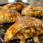 ['Close-up of golden-brown Apple Cheddar Hand Pies with a flaky crust.', 'Side view of freshly baked Apple Cheddar Hand Pies, showcasing the apple filling.', 'Juicy Apple Cheddar Hand Pies with a crispy exterior and visible cheese texture.', 'Handheld Apple Cheddar Hand Pie revealing chunks of apple and melted cheddar inside.']