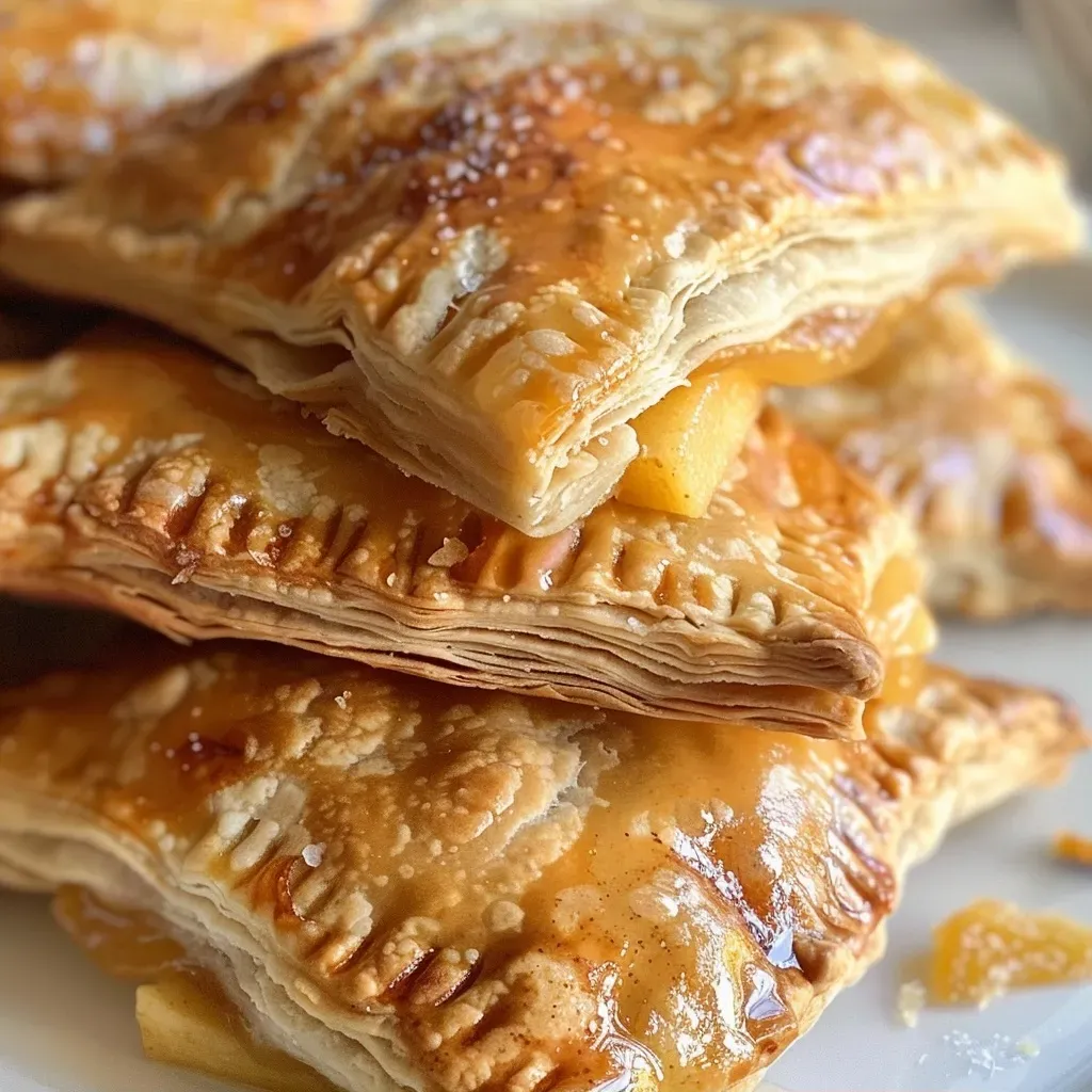 ['Close-up view of a golden brown apple cheddar hand pie with flaky crust.', 'Juicy apple cheddar hand pie showing flaky pastry and melted cheese.', 'Side view of a freshly baked apple cheddar hand pie with an appetizing shine.', 'Delicious apple cheddar hand pie, revealing its textured crust and filling.']