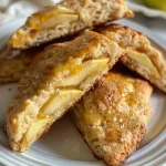 ['A close-up view of golden Apple & Cheddar Scones with visible apple chunks and cheese.', 'Side view of flaky Apple & Cheddar Scones highlighting their texture and apple slices on top.', 'Juicy, baked scones featuring melted cheddar and diced apple, set against a simple background.', 'Appetizing Apple & Cheddar Scones with a dusting of flour and garnished with sliced apples.']