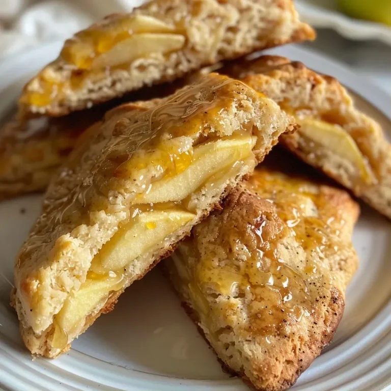 ['A close-up view of golden Apple & Cheddar Scones with visible apple chunks and cheese.', 'Side view of flaky Apple & Cheddar Scones highlighting their texture and apple slices on top.', 'Juicy, baked scones featuring melted cheddar and diced apple, set against a simple background.', 'Appetizing Apple & Cheddar Scones with a dusting of flour and garnished with sliced apples.']