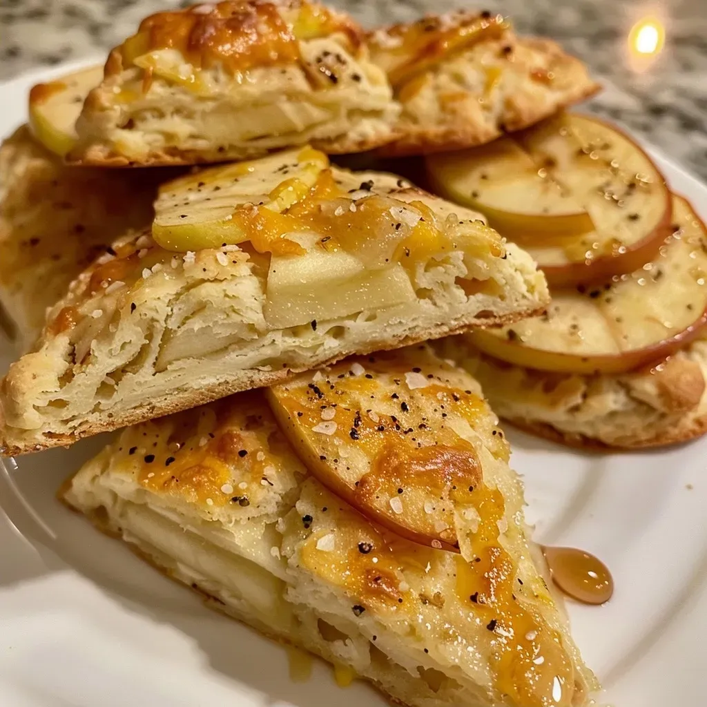 ['A close-up view of golden Apple & Cheddar Scones with visible apple chunks and cheese.', 'Side view of flaky Apple & Cheddar Scones highlighting their texture and apple slices on top.', 'Juicy, baked scones featuring melted cheddar and diced apple, set against a simple background.', 'Appetizing Apple & Cheddar Scones with a dusting of flour and garnished with sliced apples.']