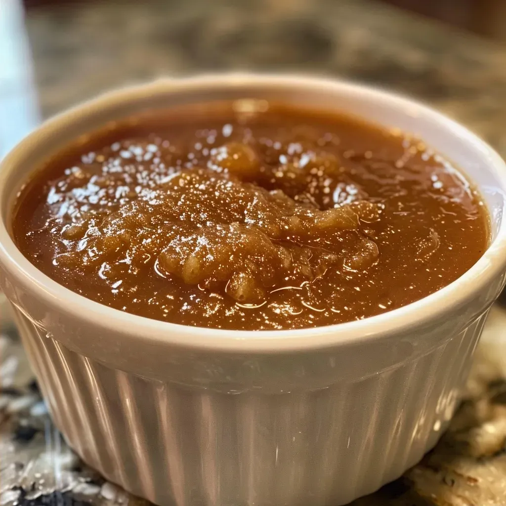 ['Close-up view of a rich, golden Apple Cider Caramel Sauce in a glass jar.', 'Side view of a creamy, vegan-friendly Apple Cider Caramel Sauce drizzled on a dessert.', 'Viscous apple cider caramel sauce shown in a decorative dish with a spoon beside it.', 'Smooth, glistening Apple Cider Caramel Sauce served in a small bowl with cinnamon sticks.']