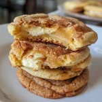 ['Close-up of Apple Cider Cheesecake Cookies with a creamy filling.', 'Side view of a stack of Apple Cider Cheesecake Cookies displaying their texture.', 'Detailed look at a single Apple Cider Cheesecake Cookie with cream cheese filling.', 'Appetizing Apple Cider Cheesecake Cookies arranged on a plate.']