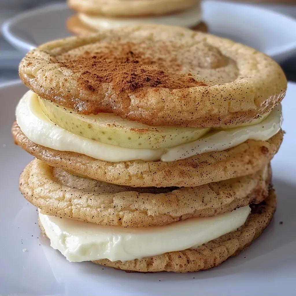 ['Close-up of Apple Cider Cheesecake Cookies with a creamy filling.', 'Side view of a stack of Apple Cider Cheesecake Cookies displaying their texture.', 'Detailed look at a single Apple Cider Cheesecake Cookie with cream cheese filling.', 'Appetizing Apple Cider Cheesecake Cookies arranged on a plate.']