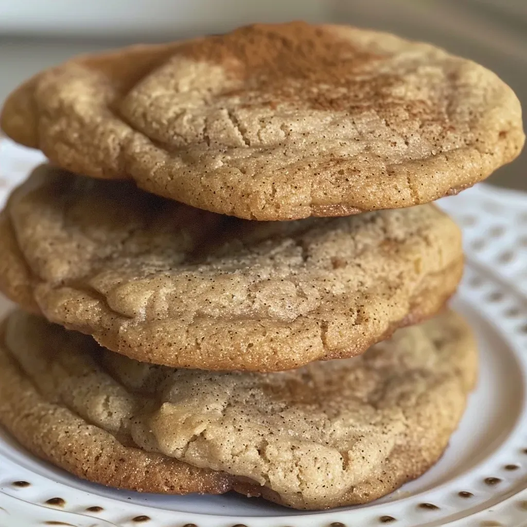 ['Close-up side view of baked apple cider cookies with a golden-brown crust.', 'A detailed shot of freshly baked apple cider cookies, showcasing their soft texture and spices.', 'Side view of apple cider cookies, highlighting the rich color and baked appearance.', 'Close-up of apple cider cookies arranged on a textured surface, with a hint of glaze.']