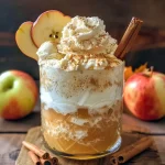 ['A close-up view of a glass filled with Apple Cider Floats topped with whipped cream and apple slices.', 'Side view of a refreshing drink with sparkling apple cider and ice cream garnished with cinnamon sticks.', 'Juicy Apple Cider Floats served in a clear glass, showcasing layers of cider and ice cream with decorative garnishes.', 'A delicious Apple Cider Float featuring French vanilla ice cream, caramel drizzle, and apple slices.']