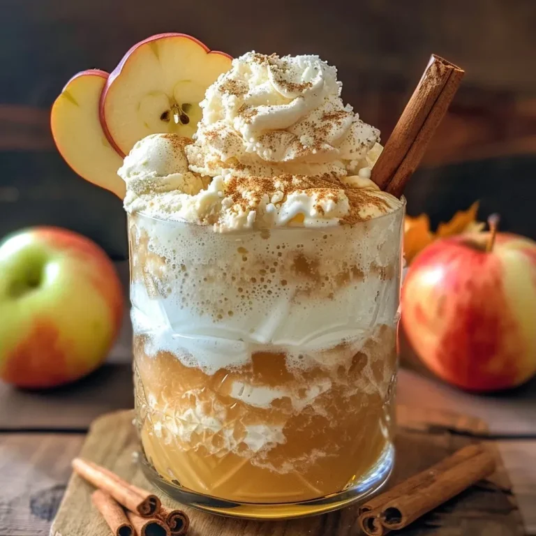 ['A close-up view of a glass filled with Apple Cider Floats topped with whipped cream and apple slices.', 'Side view of a refreshing drink with sparkling apple cider and ice cream garnished with cinnamon sticks.', 'Juicy Apple Cider Floats served in a clear glass, showcasing layers of cider and ice cream with decorative garnishes.', 'A delicious Apple Cider Float featuring French vanilla ice cream, caramel drizzle, and apple slices.']