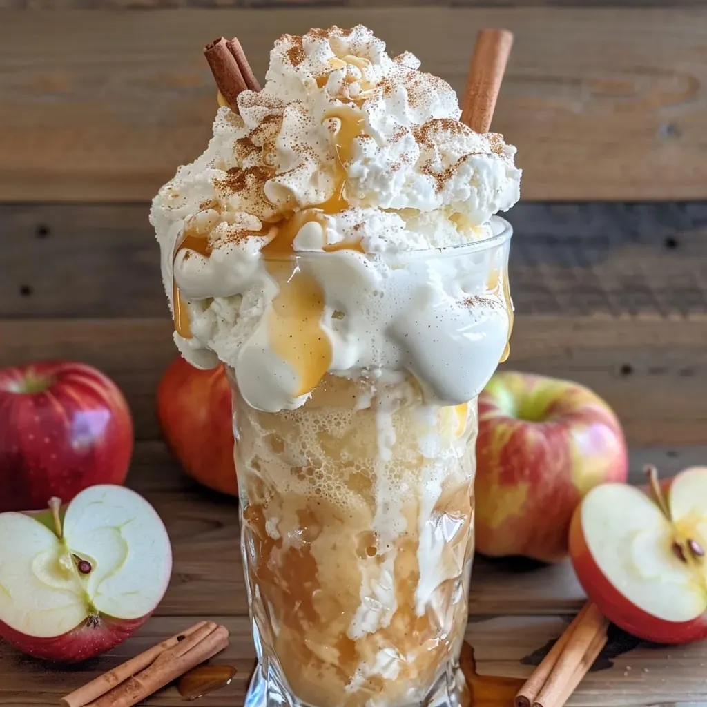['A close-up view of a glass filled with Apple Cider Floats topped with whipped cream and apple slices.', 'Side view of a refreshing drink with sparkling apple cider and ice cream garnished with cinnamon sticks.', 'Juicy Apple Cider Floats served in a clear glass, showcasing layers of cider and ice cream with decorative garnishes.', 'A delicious Apple Cider Float featuring French vanilla ice cream, caramel drizzle, and apple slices.']