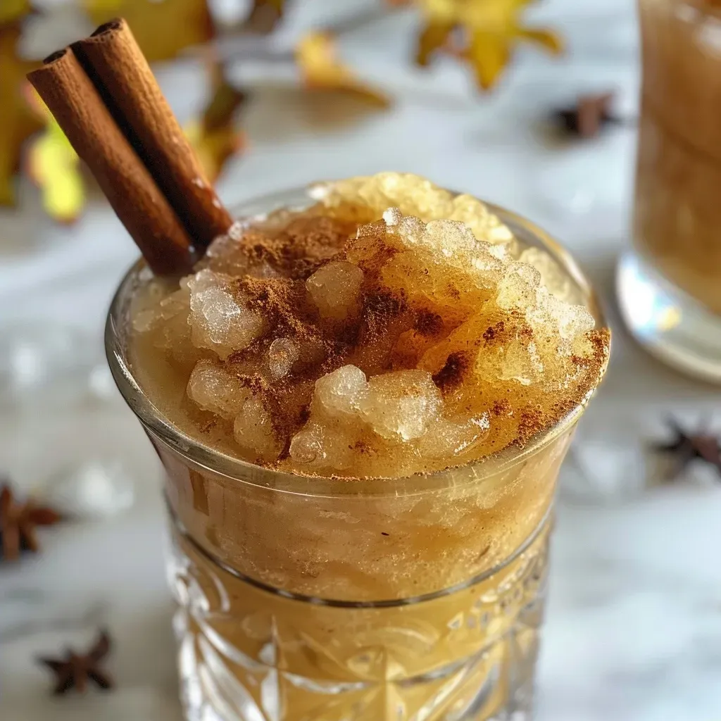 ['Close-up of a refreshing apple cider slushie with ice and cinnamon.', 'Side view of a frosty apple cider slushie in a glass with a cinnamon stick.', 'Delicious apple cider slushie showcasing a blend of spices on top of ice.', 'Ice-filled slushie glass filled with apple cider, garnished with a cinnamon stick.']