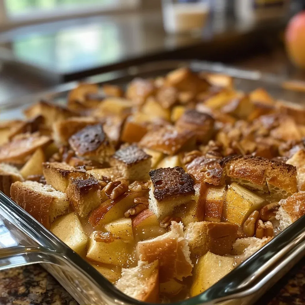 ['Close-up view of a slice of Apple Cinnamon Bread Pudding, showcasing its golden crust and juicy apple pieces.', 'Side view of a delicious Apple Cinnamon Bread Pudding with visible cinnamon dusting and diced apples.', 'Close-up of a rich and moist Apple Cinnamon Bread Pudding, highlighting its texture and ingredients like walnuts and raisins.', 'Detailed view of a warm Apple Cinnamon Bread Pudding slice, emphasizing the layers of bread and fruits.']
